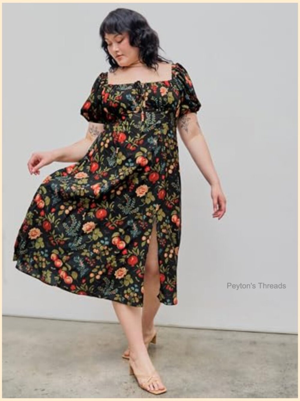 Plus Size Floral Fruit Midi Dress with Puff Sleeves & Split - Picture 2 of 7